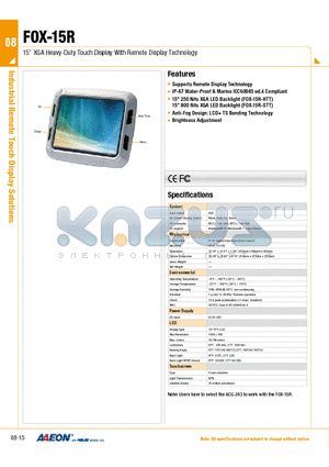 FOX-15R datasheet - 15 XGA Heavy-Duty Touch Display With Remote Display Technology