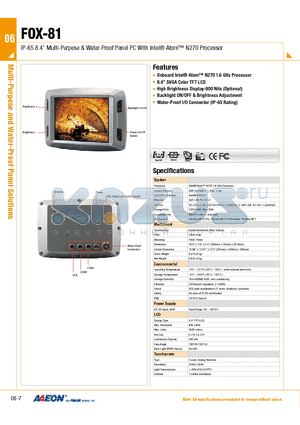 FOX-81 datasheet - IP-65 8.4 Multi-Purpose & Water-Proof Panel PC With Intel Atom N270 Processor