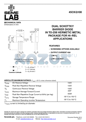 45CKQ100 datasheet - DUAL SCHOTTKY BARRIER DIODE