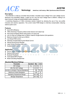 ACE708 datasheet - 300mA Iout, 0.85V startup, 1MHz, Synchronous Boost Converter