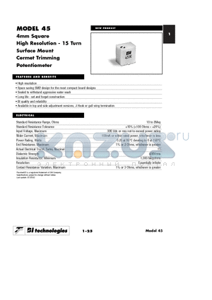 45GER100KLFTB datasheet - 4mm Square High Resolution - 15 Turn Surface Mount Cermet Trimming Potentiometer