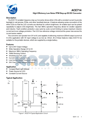 ACE714_12 datasheet - High Efficiency Low Noise PFM Step-up DC/DC Converter