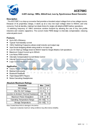 ACE708C datasheet - 0.85V startup, 1MHz, 300mA Iout, Low Iq, Synchronous Boost Converter