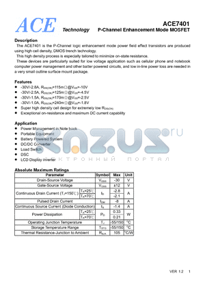 ACE7401 datasheet - P-Channel Enhancement Mode MOSFET