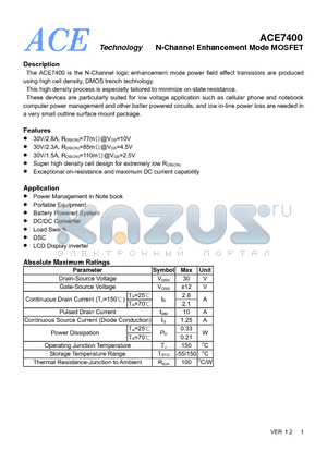 ACE7400 datasheet - N-Channel Enhancement Mode MOSFET