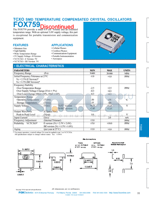 FOX759A datasheet - TCXO SMD TEMPERATURE COMPENSATED CRYSTAL OSCILLATORS