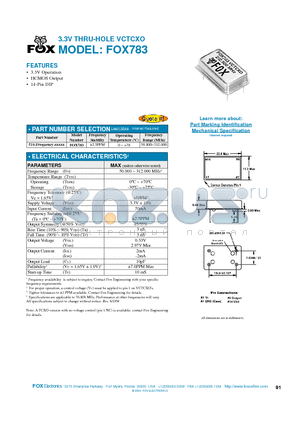 FOX783 datasheet - 3.3V THRU-HOLE VCTCXO