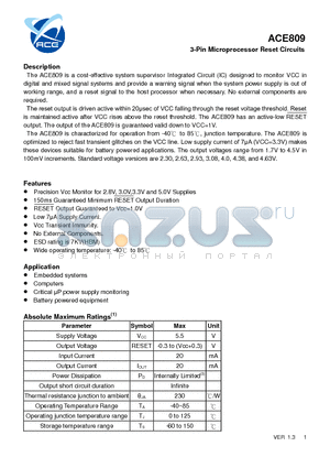 ACE809 datasheet - 3-Pin Microprocessor Reset Circuits