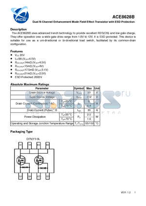 ACE8628B datasheet - Dual N-Channel Enhancement Mode Field Effect Transistor with ESD Protection