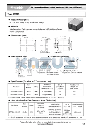 CPFC85 datasheet - EMC Common Mode Choke& xDSL CO Transformer