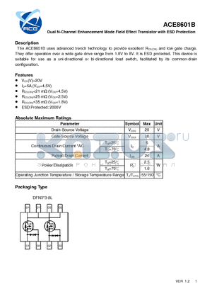 ACE8601B datasheet - Dual N-Channel Enhancement Mode Field Effect Transistor with ESD Protection