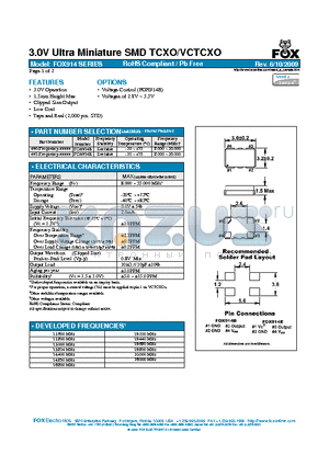 FOX914 datasheet - 3.0V Ultra Miniature SMD TCXO/VCTCXO