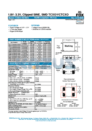 FOX923 datasheet - 1.8V~3.3V, Clipped SINE, SMD TCXO/VCTCXO