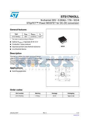 17H3LL- datasheet - N-channel 30V - 0.004ohm - 17A - SO-8 STripFET Power MOSFET for DC-DC conversion