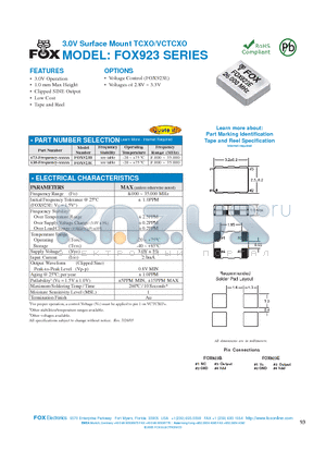 FOX923B datasheet - 3.0V Surface Mount TCXO/VCTCXO