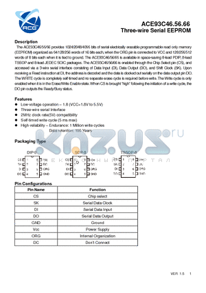 ACE93C46_12 datasheet - Three-wire Serial EEPROM