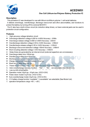 ACEDW01 datasheet - One Cell Lithium-ion/Polymer Battery Protection IC