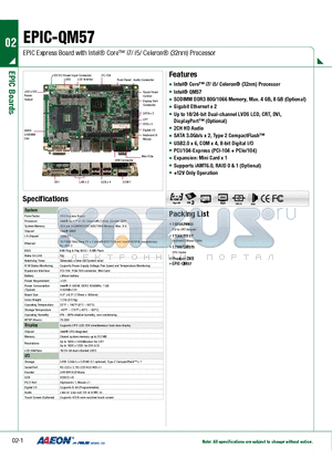 EPIC-QM57 datasheet - EPIC Express Board with Intel Core i7/ i5/ Celeron (32nm) Processor