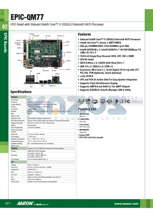 EPIC-QM77 datasheet - EPIC Board with Onboard Intel R Core Tm i7-3555LE/Celeron R 847E Processor