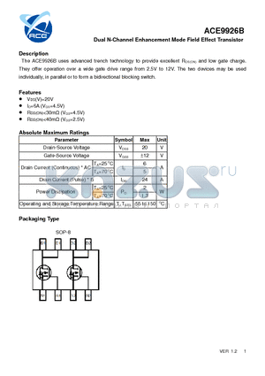 ACE9926B datasheet - Dual N-Channel Enhancement Mode Field Effect Transistor