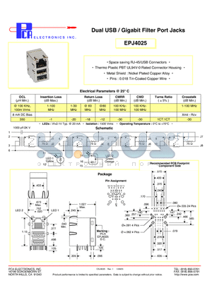 EPJ4025 datasheet - Dual USB / Gigabit Filter Port Jacks