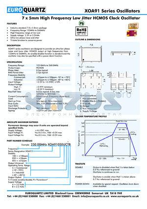 250.00XOA91025UCPA datasheet - 7 x 5mm High Frequency Low Jitter HCMOS Clock Oscillator