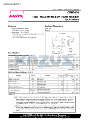 CPH3004 datasheet - High-Frequency Medium-Power Amplifier Applications