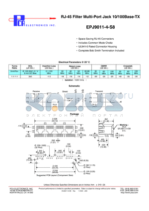 EPJ9011-4-S8 datasheet - RJ-45 Filter Multi-Port Jack 10/100Base-TX