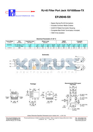 EPJ9046-S9 datasheet - RJ-45 FILTER PORT JACK 10/100BASE-TX