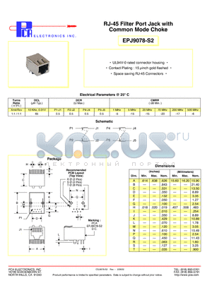 EPJ9078-S2 datasheet - RJ-45 Filter Port Jack with Common Mode Choke