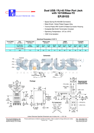 EPJ9103 datasheet - Dual USB / RJ-45 Filter Port Jack with 10/100Base-TX