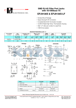 EPJ9136S datasheet - SMD RJ-45 Filter Port Jacks with 10/100Base-TX