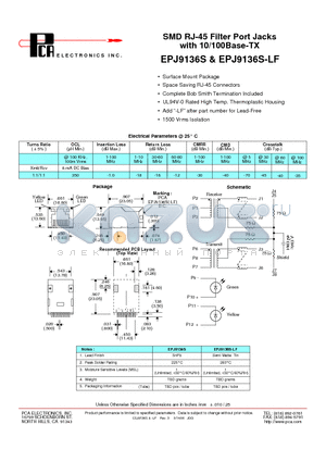 EPJ9136S-LF datasheet - SMD RJ-45 Filter Port Jacks with 10/100Base-TX