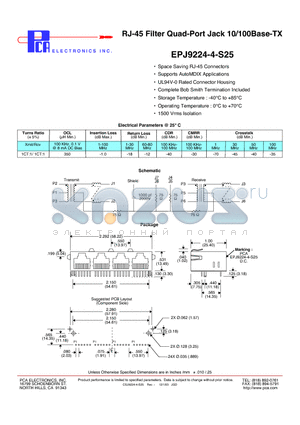 EPJ9224-4-S25 datasheet - RJ-45 Filter Quad-Port Jack 10/100Base-TX