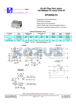 EPJ9302-F2 datasheet - RJ-45 Filter Port Jacks 10/100Base-TX Voice Over IP