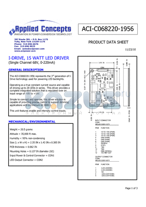 ACI-C068220-1956 datasheet - I-DRIVE, 15 WATT LED DRIVER (Single Channel 68V, 0-220mA)