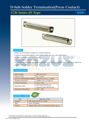 17JE-13250-07PD1 datasheet - D-Sub Solder Termination(Press Contact)