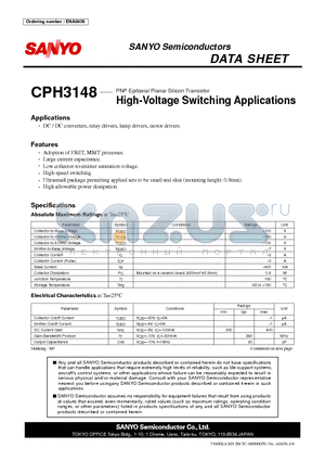 CPH3148 datasheet - PNP Epitaxial Planar Silicon Transistor High-Voltage Switching Applications