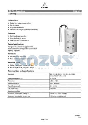 B32427-A1305 datasheet - AC Film Capacitors Lighting