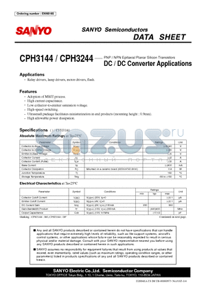 CPH3244 datasheet - PNP / NPN Epitaxial Planar Silicon Transistors DC / DC Converter Applications