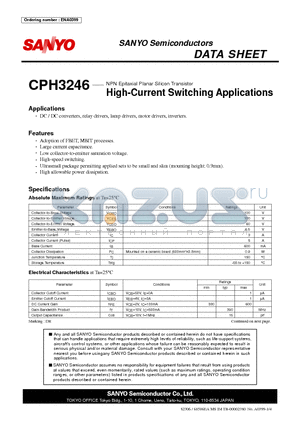 CPH3246 datasheet - NPN Epitaxial Planar Silicon Transistor High-Current Switching Applications