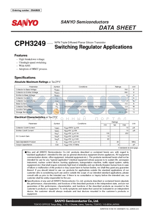 CPH3249 datasheet - NPN Triple Diffused Planar Silicon Transistor Switching Regulator Applications