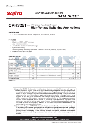 CPH3251 datasheet - NPN Epitaxial Planar Silicon Transistor High-Voltage Switching Applications