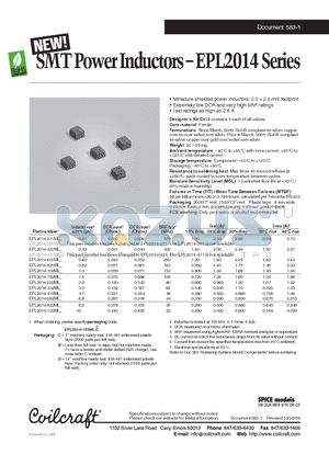 EPL2014-601ML datasheet - SMT Power Inductors