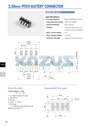 250001MB datasheet - 2.50mm PITCH BATTERY CONNECTOR