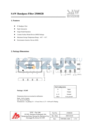 250002B datasheet - SAW Bandpass Filter