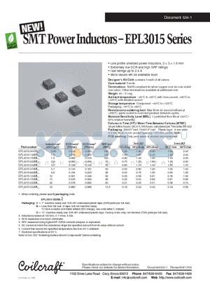 EPL3015-332ML datasheet - SMT Power Inductors