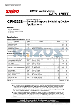 CPH3338 datasheet - P-Channel Silicon MOSFET General-Purpose Switching Device Applications