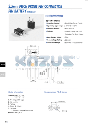 250009MA datasheet - 2.5mm PITCH PROBE PIN CONNECTOR PIN BATTERY