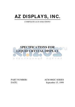 ACM0802C datasheet - SPECIFICATIONS FOR LIQUID CRYSTAL DISPLAY